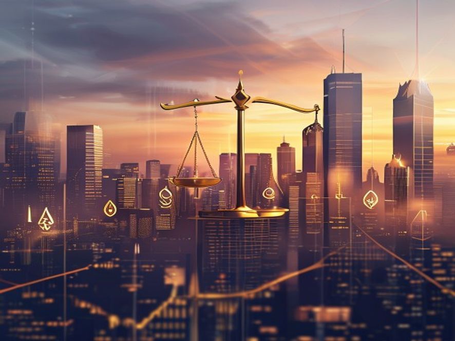 A cinematic, photorealistic 8k image of a highend residential city skyline at dusk, featuring a conceptual visual of a golden tax scale weighing heavy property icons against a background of rising financial charts and blurred modern skyscrapers, conveying an atmosphere of economic uncertainty and strategic tax planning for wealthy homeowners.