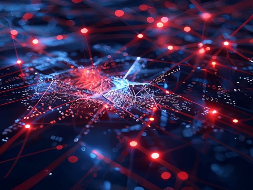 A highangle cinematic shot of a glowing digital network interconnected with fragile glass nodes, where one weak link is shattered and leaking binary code data, symbolizing a major personal information breach caused by thirdparty security failure, photorealistic, 8k, dark atmosphere with blue and red warning light tones.