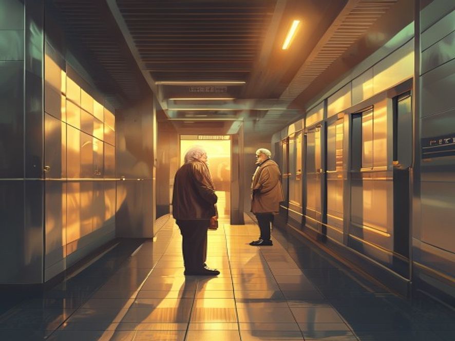 A cinematic and photorealistic 8k image of an elderly person standing thoughtfully at a modern subway platform entrance, capturing the tension between public transportation budget constraints and the rights of the aging population, with soft golden hour light reflecting on the subway gates.