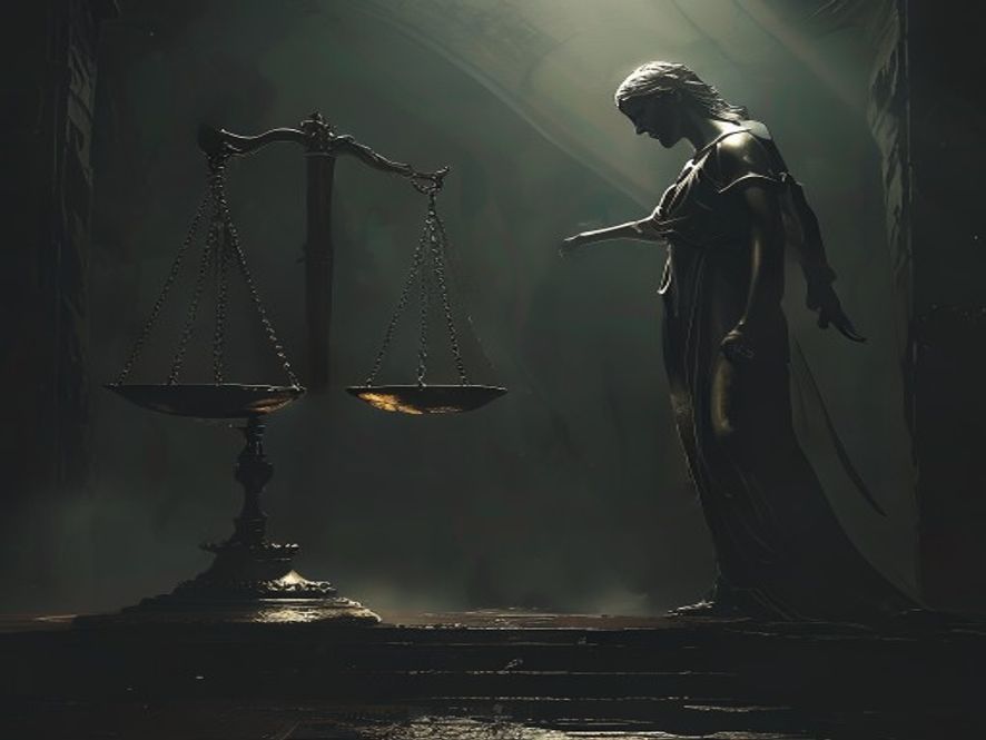 A cinematic, photorealistic 8k image depicting a tense confrontation between the towering scales of justice and a dimly lit, weathered religious symbol, capturing the atmospheric conflict between rigid legal authority and the plea for humanitarian consideration in a highstakes, moody environment.