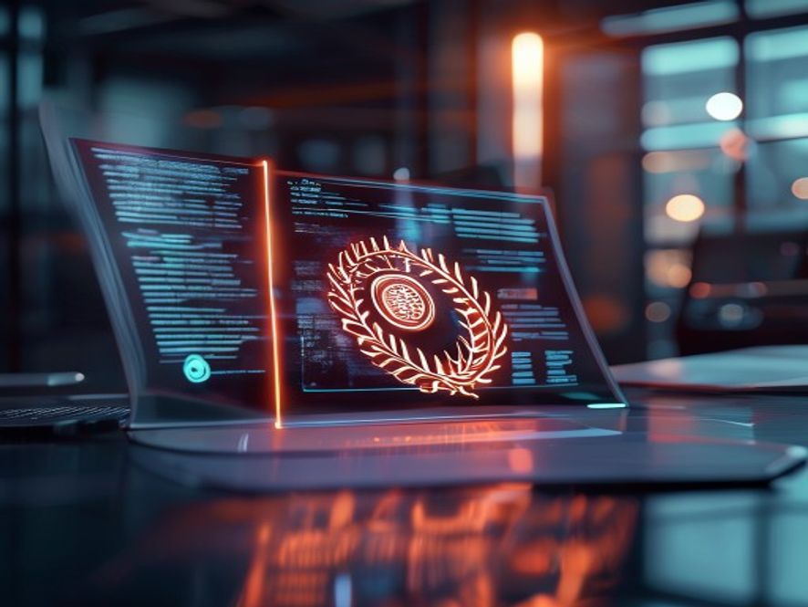 A cinematic, photorealistic 8k image of a futuristic, glowing digital document representing a startups innovative idea being secured with a shimmering, hightech government seal of protection, set in a professional office environment with soft focus, symbolizing safety, intellectual property, and business growth.