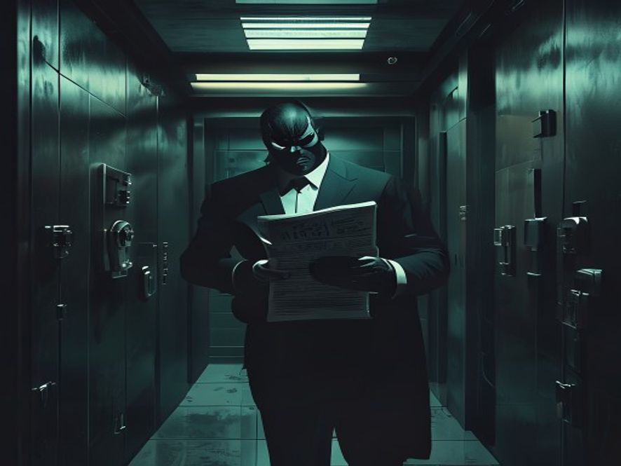 A cinematic and photorealistic 8k image showing a dimly lit, highsecurity bank vault with a corrupt shadow figure in a business suit holding a stack of illicit documents, symbolizing the betrayal of trust and systemic financial crime, with a moody and ominous atmosphere.