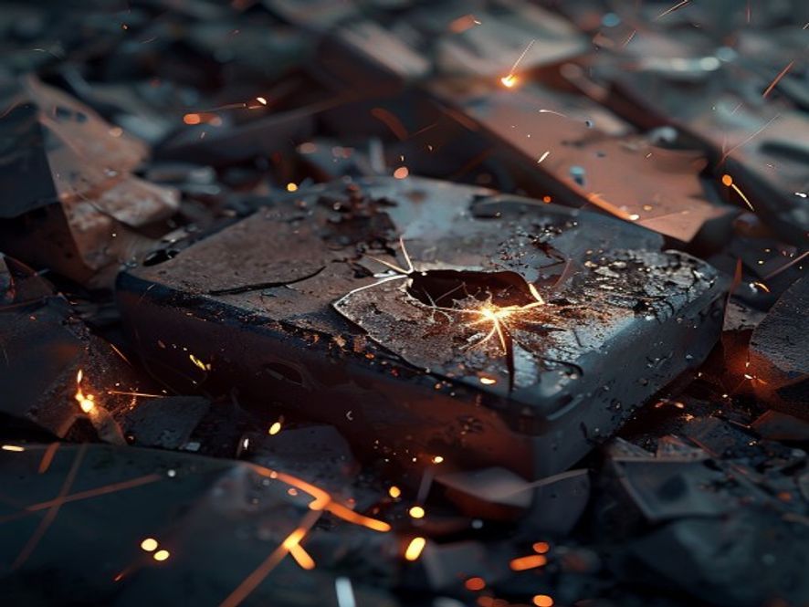 A cinematic, photorealistic 8k closeup shot of a damaged, leaking lithiumion power bank discarded among ordinary household trash, emitting a faint ominous glow with sparks, highlighting the contrast between mundane waste and the hidden danger of fire, dramatic lighting, intense atmosphere.