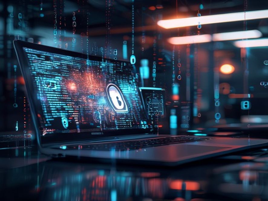 A cinematic and photorealistic 8k image showing a dimly lit, hightech digital workspace with holographic data streams leaking from a glowing laptop screen, symbolizing a massive personal information breach in a startup platform, featuring a tense and ominous atmosphere with a sharp focus on blurred binary code and padlock icons.