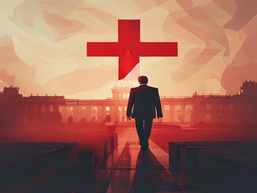 A cinematic, photorealistic 8k portrait of a somber political figure walking away from a blurred silhouette of a parliament building towards a bright, clean, and symbolic Red Cross emblem, capturing a mood of transition between political turmoil and humanitarian duty, with dramatic lighting and professional composition.