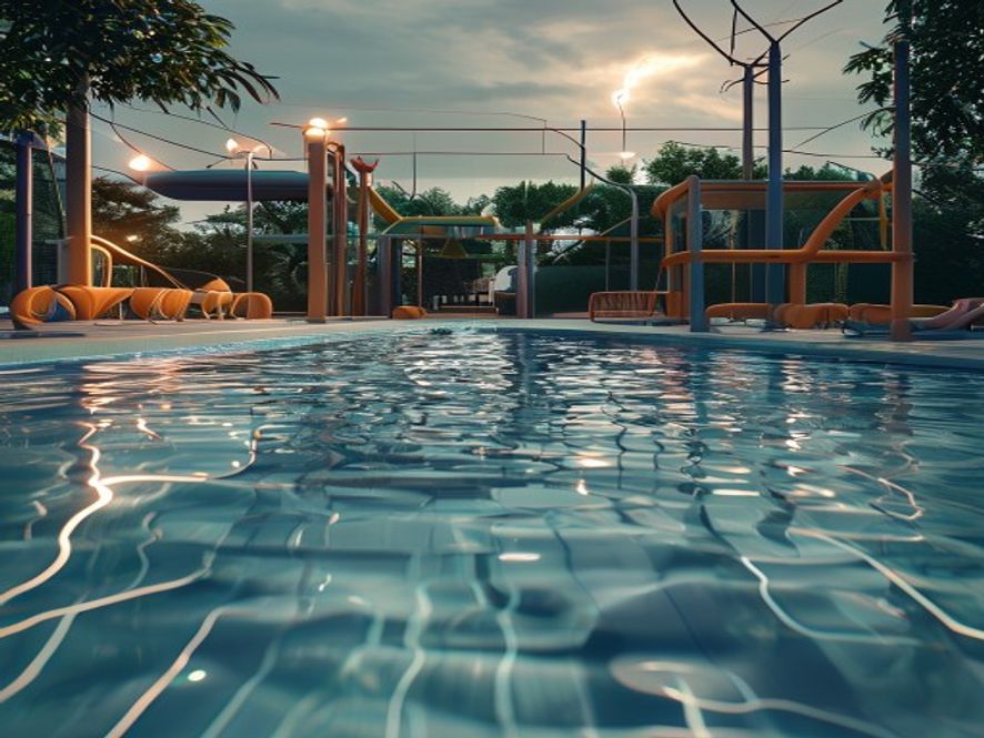 A cinematic, photorealistic 8k image showing a shallow, sunny childrens water park with a subtle, ominous glow of electric arcs near submerged equipment, capturing a somber and cautionary atmosphere regarding hidden electrical hazards, high detail.