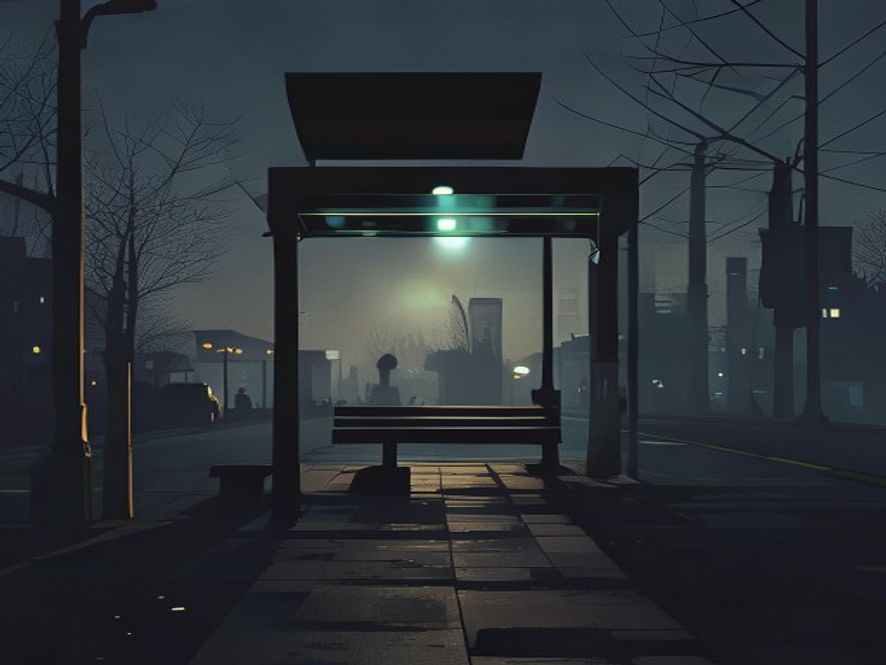 A cinematic and photorealistic 8k shot of a lonely, dimly lit city bus stop at dusk, capturing a somber and uneasy atmosphere where the ordinary public space feels vulnerable and under threat, with a shadowy silhouette in the distance emphasizing the encroachment of crime on daily life.