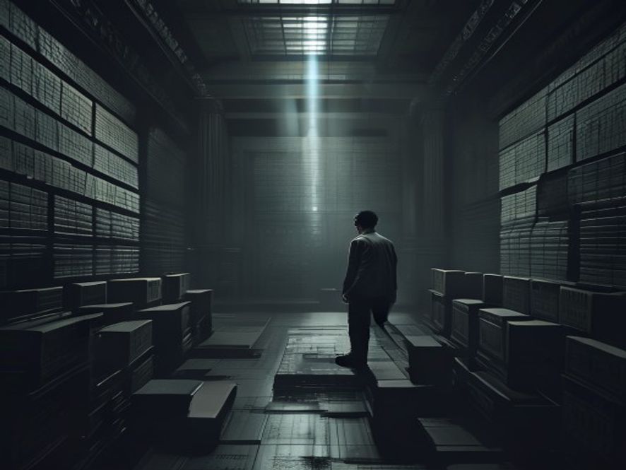 A cinematic, photorealistic 8k image showing a solitary, distressed individual standing in the center of a dark, cold courtroom, surrounded by looming stacks of legal documents and flickering shadows that form the shape of a bank account ledger, capturing a somber atmosphere of legal injustice and the weight of systemic bureaucracy.
