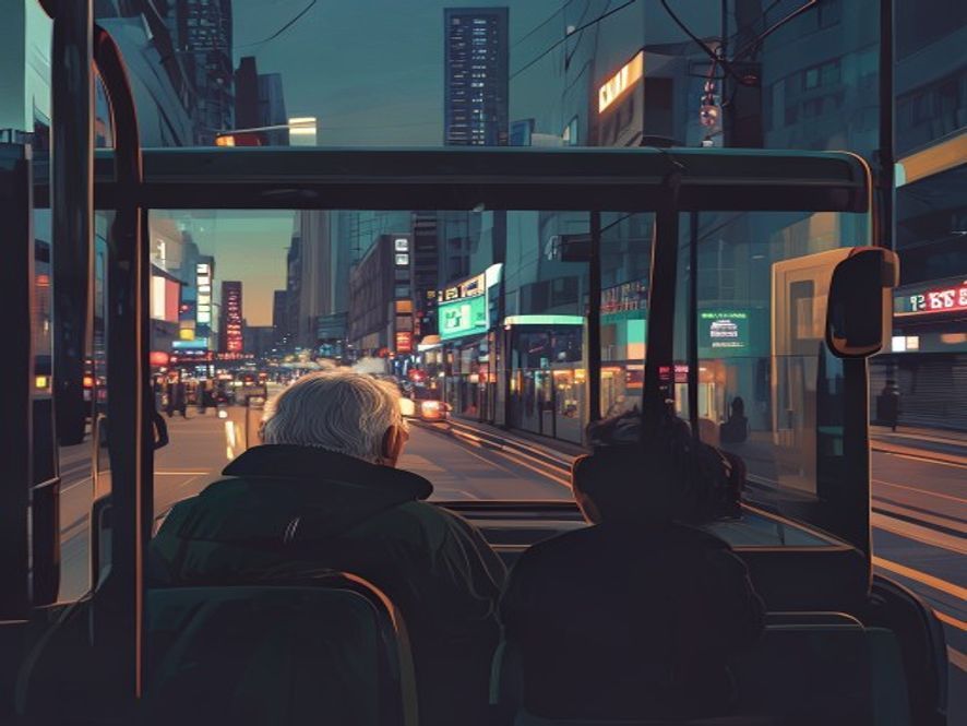 A cinematic, photorealistic 8k image showing a modern Seoul city bus driving through a bustling street at dusk, with a thoughtful elderly person looking out the window, symbolizing the intersection of social welfare, urban mobility, and fiscal policy, captured with a deep sense of urban atmosphere and contemplative mood.