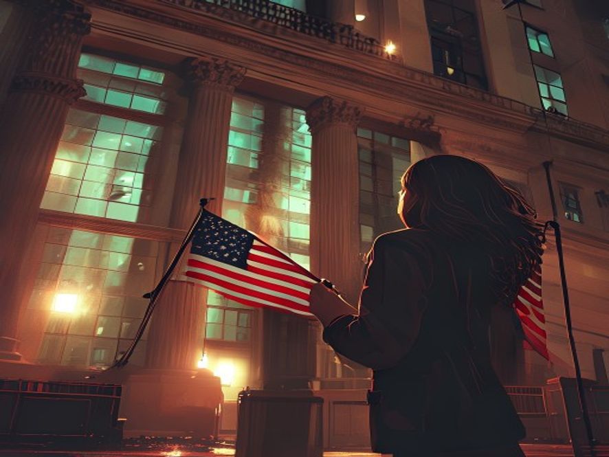 A cinematic, photorealistic 8k image of a tense standoff outside a secure government building, featuring a woman holding an American flag amidst a chaotic election environment, captured with dramatic lighting to emphasize themes of legal order and democratic integrity.
