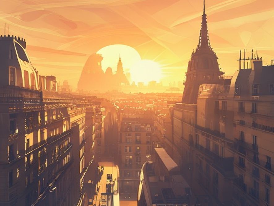 A cinematic, photorealistic 8k image capturing a sweltering, heatdistorted cityscape of Paris under a scorching 40degree sun, featuring a juxtaposition of classical European architecture and modern cooling systems, reflecting a tense political atmosphere of climate crisis and social urgency.