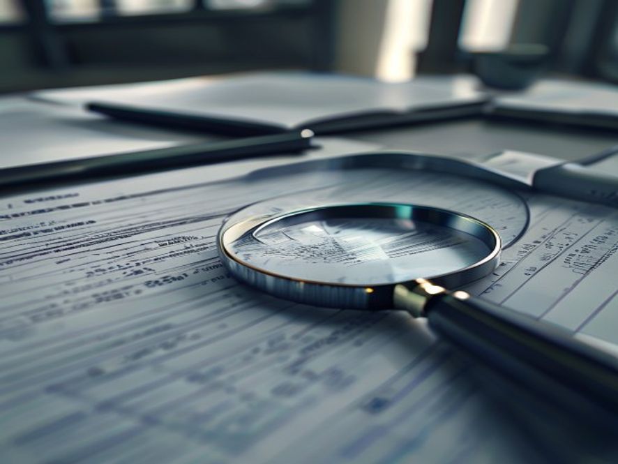 A cinematic, photorealistic 8k image featuring a professional magnifying glass focusing on detailed financial ledger documents and official budget reports in a sterile, modern office environment, symbolizing strict government audit and financial transparency, dramatic lighting with a sharp focus on the paperwork.