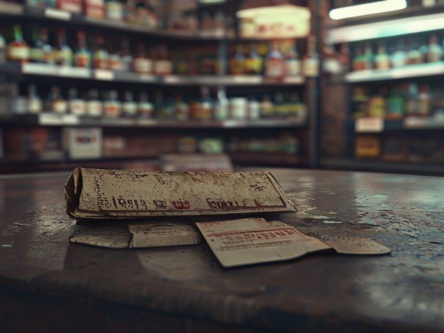 A cinematic and photorealistic 8k closeup shot of a lonely childs wornout meal card lying on a convenience store counter, blurred background with shelves of cigarettes and alcohol highlighting the systemic failure and social gap, melancholic lighting, emotional atmosphere.