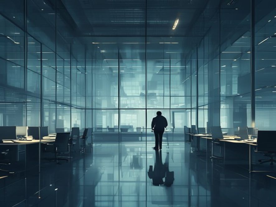 A cinematic and photorealistic 8k image showing a lonely, silhouette of a young office worker standing in a vast, cold, hightech corporate office building, surrounded by towering glass walls and dimly lit desks, representing the crushing weight of corporate performance pressure and the tragic shadows of modern labor, somber atmosphere.