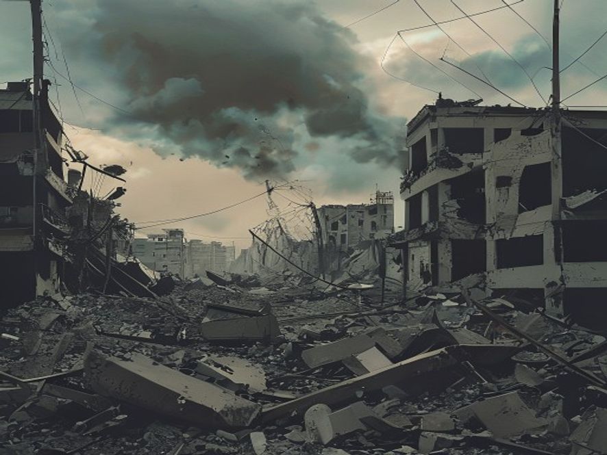 Cinematic, photorealistic 8k image of the aftermath of a devastating earthquake in Venezuela, capturing collapsed aged urban infrastructure amidst dust and debris under a somber, gloomy sky, symbolizing the urgent need for international disaster relief and global systemic resilience.