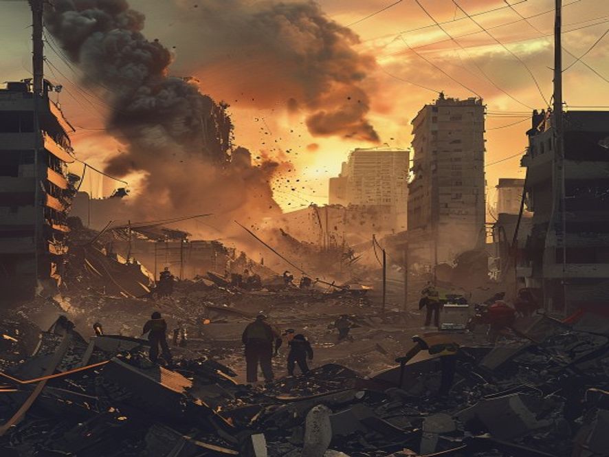 A cinematic and photorealistic 8k wideangle shot capturing the heartwrenching aftermath of a massive earthquake in Venezuela, showing crumbling urban infrastructure amidst thick dust, with rescue workers heroically searching through debris under a dramatic, moody sunset, evoking a somber and urgent atmosphere of humanitarian crisis.