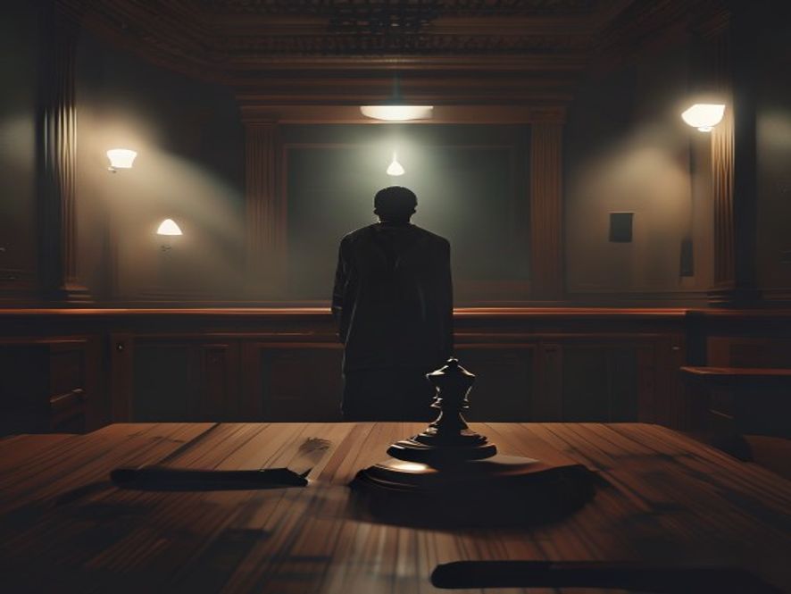 A cinematic, photorealistic 8k image featuring a lone, remorseful social media influencer standing in a cold, dimly lit courtroom with a gavel resting on a wooden desk in the foreground, symbolizing the somber consequence of crossing the line from free speech to hate speech, dramatic lighting, high contrast.