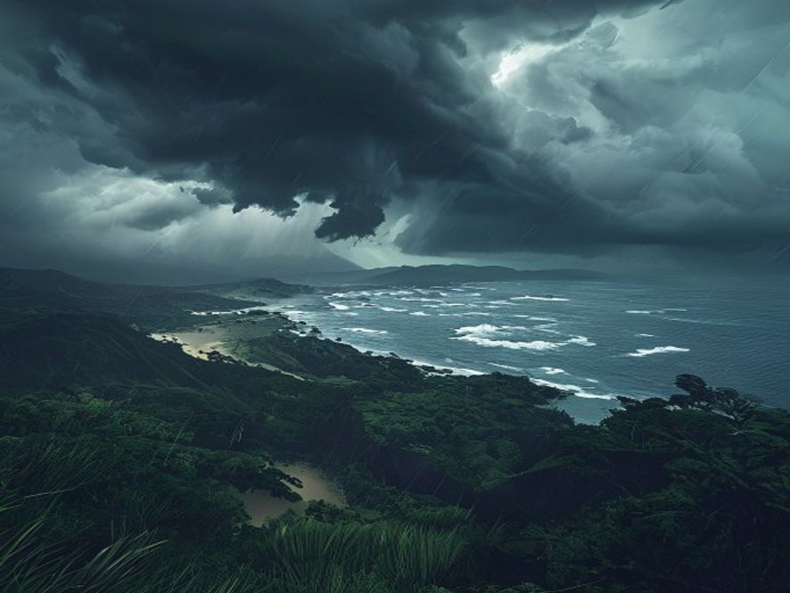 A cinematic and photorealistic 8k image showing a dramatic, heavy rainstorm gathering over a lush coastal landscape in Jeju, capturing the intense atmosphere of climate change with dark, swirling storm clouds and impending heavy rain, professional photography style.