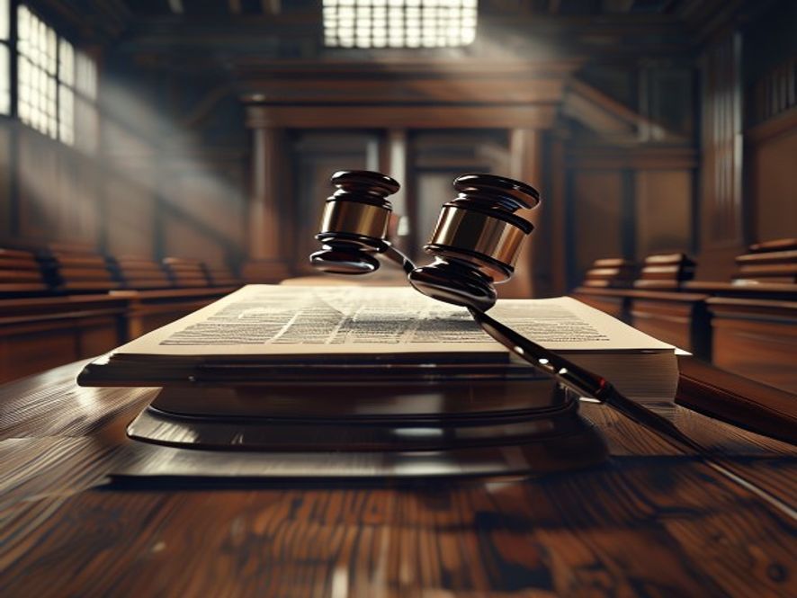 Cinematic, photorealistic 8k image of a cold and modern courtroom setting with a heavy wooden gavel placed on top of stacked legal documents, symbolizing the major transition and uncertainty of the criminal justice system reform, with dramatic lighting creating a sense of gravity and structural change.