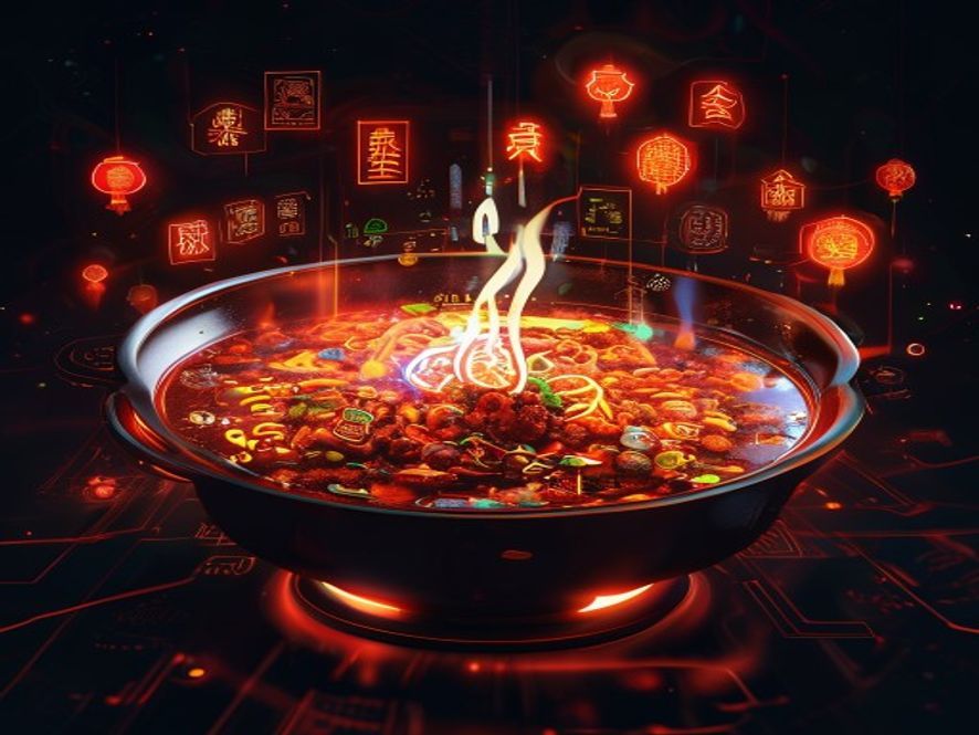 A cinematic and photorealistic 8k image featuring a glowing, spicy Malainfused hot pot dish intricately blended with holographic digital symbols and floating Chinese cultural icons, set against a dark, moody background representing the vast and immersive influence of digital trends, capturing a sophisticated and thoughtprovoking atmosphere.