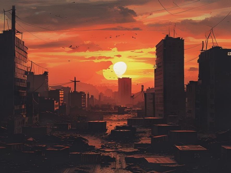 A cinematic, photorealistic 8k image capturing a devastated Venezuelan cityscape under a dramatic sunset, with a subtle juxtaposition of international aid crates arriving amidst ruins and shadowy geopolitical symbols representing shifting diplomatic power, highcontrast atmosphere, hyperdetailed.