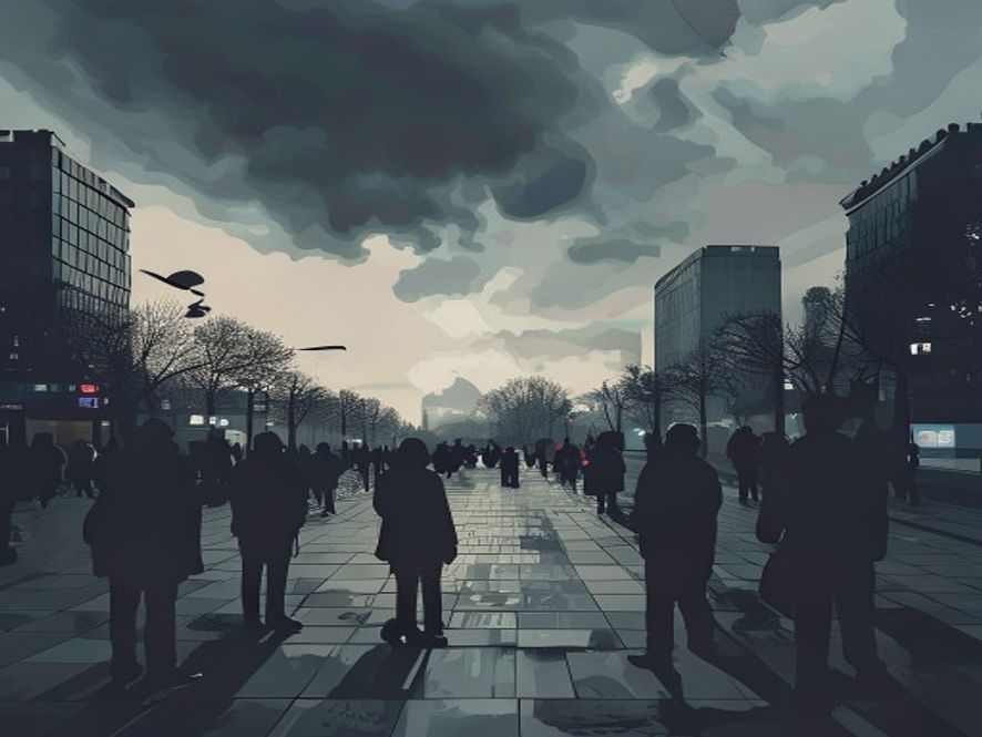 A cinematic, photorealistic 8k image capturing the tense and somber atmosphere of Gwanghwamun Square during a daylight security crisis, featuring blurred silhouettes of anxious pedestrians under a dramatic overcast sky, with a sense of underlying urban unease and societal warning.