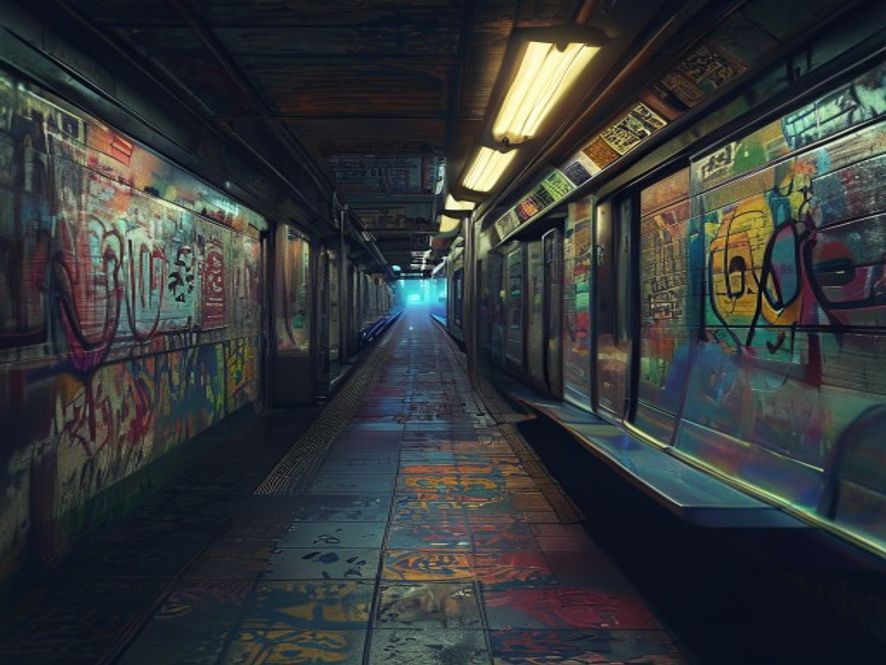A cinematic, photorealistic 8k image showing a dimly lit, abandoned subway train car covered in colorful, illegal graffiti tags, with a distant view of an empty subway station platform under flickering lights, capturing a moody and tense atmosphere of a cold investigation, detailed textures, professional photography.