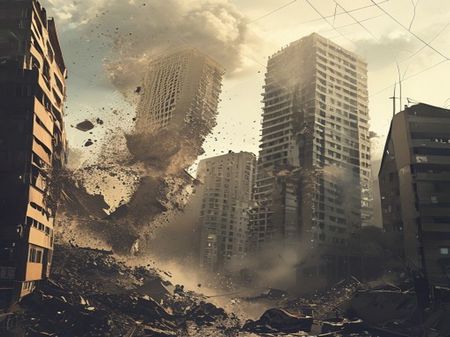 Cinematic, photorealistic 8k image depicting the aftermath of a powerful earthquake, showing urban buildings tilting and sinking into liquefying ground amidst a tense atmosphere of disaster, emphasizing the critical 40second golden time for survival.