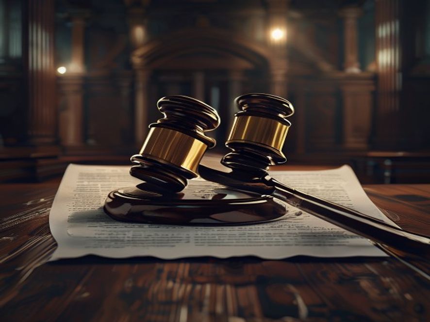 A cinematic, photorealistic 8k image featuring a grand, imposing wooden gavel resting on a heavy legal document, set against a dark, moody courtroom backdrop with dramatic lighting that symbolizes the weight of justice, absolute fairness, and the accountability of public officials.