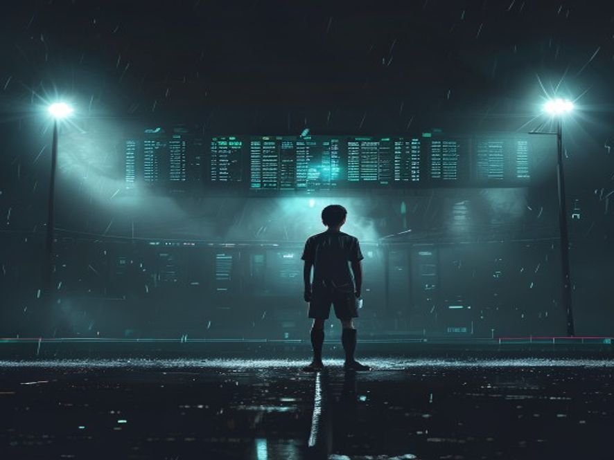 A cinematic, photorealistic 8k image showing a dejected South Korean soccer player standing alone on a dark, rainy pitch under stadium lights, looking at a distant, glowing scoreboard displaying complex match statistics, capturing a tense and somber atmosphere of uncertainty and the desperate fight for the 32nd spot.