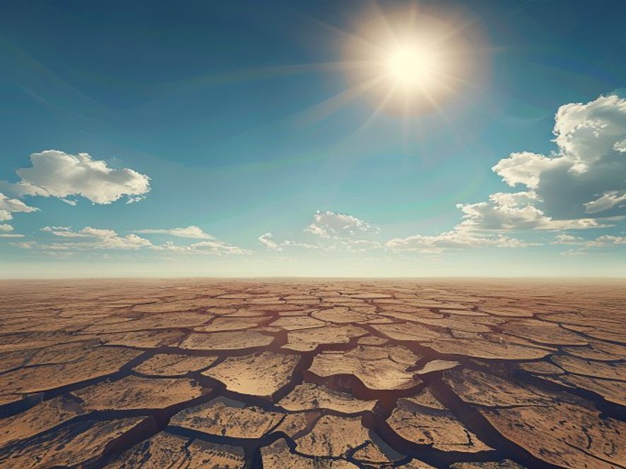 A cinematic, photorealistic 8k image showing a scorched, parched earth landscape under a harsh, sweltering sun, with distorted heat waves rising toward a vast, cloudless blue sky, symbolizing the climate crisis caused by an intense heat dome and the absence of a seasonal monsoon.
