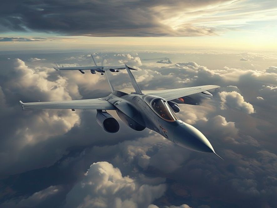 Cinematic, photorealistic 8k image of fighter jets soaring through a tense, cloudy sky over the Northeast Asian horizon, capturing the strategic geopolitical atmosphere of a KADIZ intrusion with a dramatic, highcontrast lighting aesthetic.