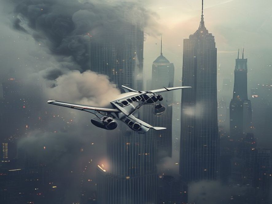 Cinematic and photorealistic 8k image of a light aircraft colliding with a towering skyscraper in the misty Beijing city center, capturing a tense and mysterious atmosphere with swirling smoke and city lights, professional photography style.