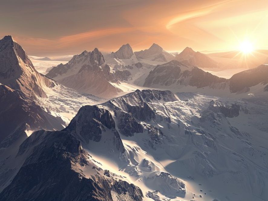 Cinematic, photorealistic 8k image of the majestic Swiss Alps suffering from recordbreaking heatwaves, showing massive, rapidly melting glaciers amidst stark rocky peaks under a scorching, hazy sky, capturing the somber and urgent atmosphere of global climate crisis.