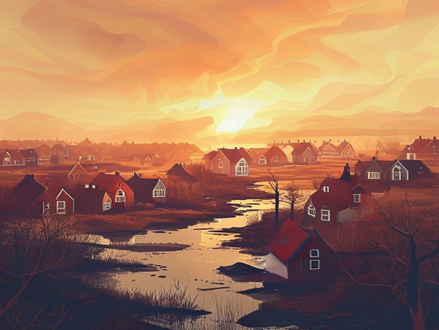 A cinematic, photorealistic 8k image showing a vast, melting Nordic landscape under a scorching heat haze, where the iconic colorful houses of Denmark are contrasted against an intense, shimmering heatwave and a withered, dry environment, symbolizing the collapse of climate safety zones.