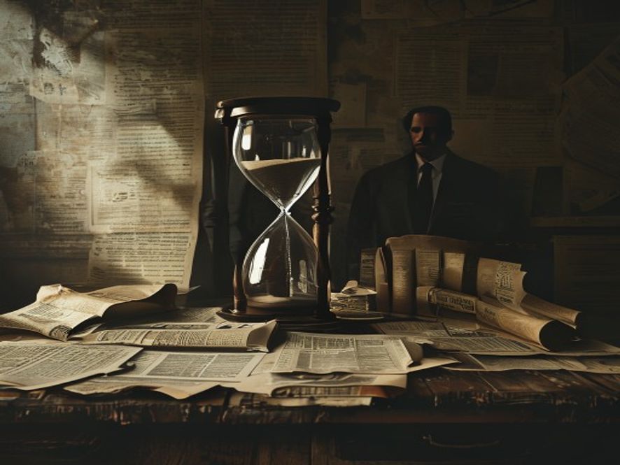 A cinematic and photorealistic 8k portrait of an hourglass standing on a weathered wooden desk filled with scattered old newspaper clippings and faded documents, with a shadowy silhouette of a thoughtful man in the background, symbolizing the weight of past words and the passage of time, moody atmosphere, dramatic lighting.