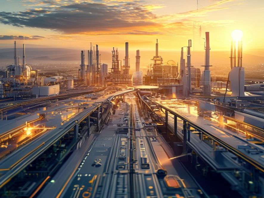 A cinematic, photorealistic 8k image featuring a futuristic hightech semiconductor fabrication plant set against the backdrop of a developing industrial landscape, symbolizing the ambitious vision of the Honam semiconductor cluster with complex infrastructure and blueprints under a golden sunrise, high detail, professional architectural photography style.