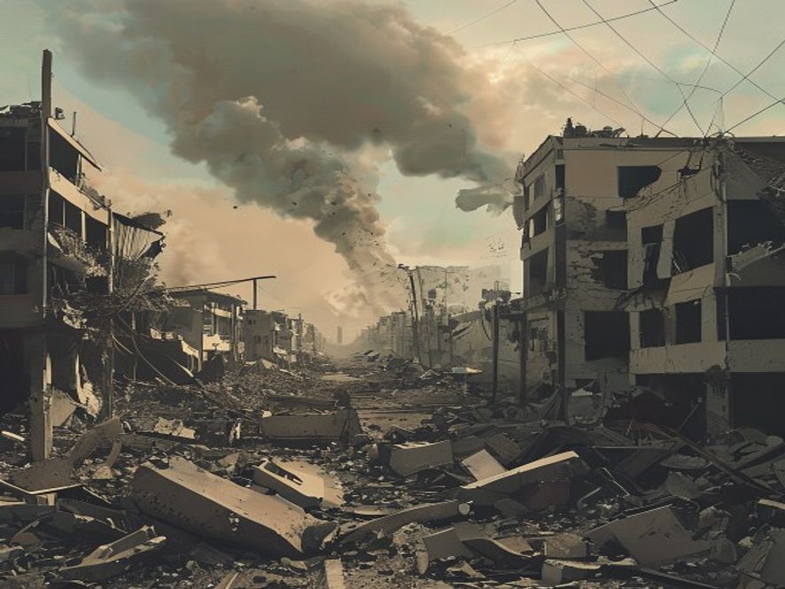 Cinematic and photorealistic 8k wideangle shot of a devastated Venezuelan city street after a massive earthquake, featuring crumbling buildings and piles of debris under a dusty, somber sky, highlighting the tragic atmosphere of the humanitarian crisis.