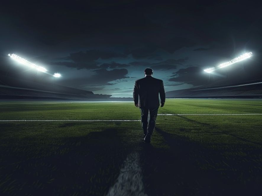 A cinematic, highresolution 8k photorealistic shot of a solitary professional football coach walking away from a dimly lit, vast, and empty grass stadium field under the dramatic shadows of twilight, symbolizing a somber transition and the weight of systemic structural reform in professional football.