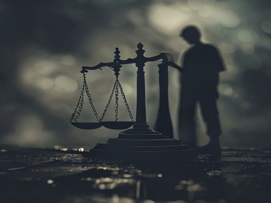 A cinematic, photorealistic 8k image featuring a heavy metal scale of justice resting on a dark, textured surface, with a blurred silhouette of a troubled youth standing in the background, symbolizing the complex tension between legal reform and social protection, dramatic moody lighting.