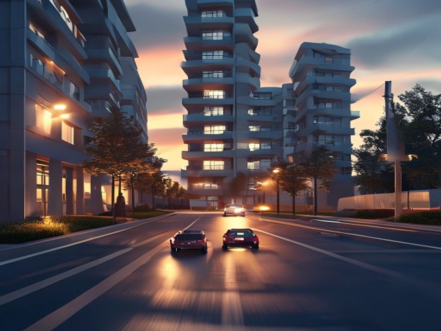 Cinematic, photorealistic 8k image of a modern apartment complex road at dusk, capturing a tense and cautious atmosphere where a child on a toy car is riding near a moving vehicle, highlighting the dangerous blurred boundary between a playground and a traffic zone, dramatic lighting, high detail.