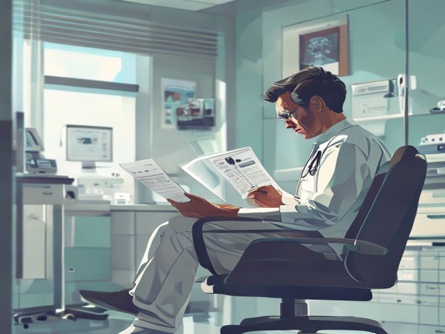 A cinematic, photorealistic 8k image showing a stressed patient sitting in a modern clinical office, holding a medical document while looking at a complex health insurance claim form, with a blurred medical examination room in the background, capturing the tension and uncertainty of the shifting healthcare and insurance landscape.