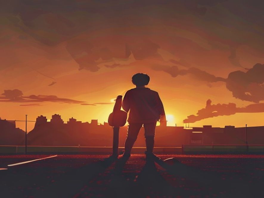 A cinematic, highcontrast photorealistic image capturing a silhouette of a youth standing on a baseball field at sunset, looking toward a blurred, ghostly shadow of history, symbolizing the weight of historical memory and the conflict between sports spirit and hate speech, 8k resolution, emotional and atmospheric lighting.