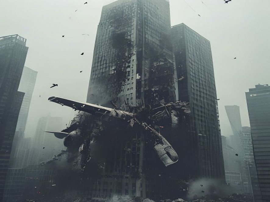 A cinematic and photorealistic 8k image showing the charred wreckage of an airplane crashed into the facade of a towering skyscraper in a misty Beijing urban landscape, capturing a somber and investigative atmosphere of a tragic aviation disaster.