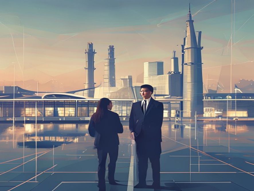 A cinematic, photorealistic 8k image of a visionary business leader standing in front of a futuristic architectural blueprint of a modernized Busan harbor and industrial aerospace hub, with a professional and confident atmosphere, capturing the transformation from traditional administration to global industrial innovation.