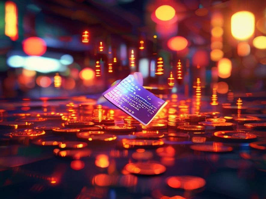 A cinematic, photorealistic 8k image featuring glowing credit card points visually transforming into local currency coins and digital icons, circulating into a vibrant local marketplace scene, professional economic concept, warm and optimistic lighting.