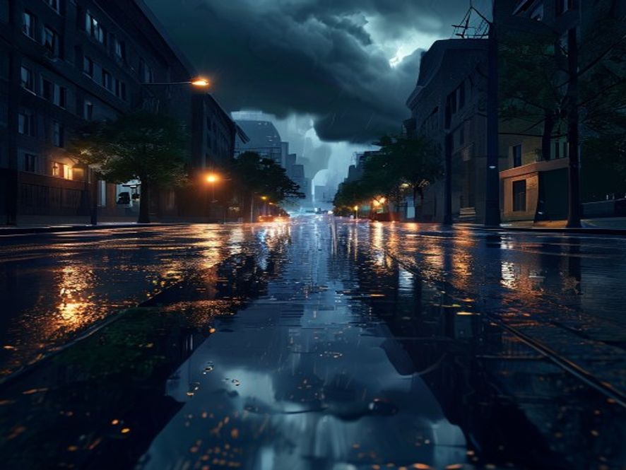 A cinematic, photorealistic 8k image of a dark, dramatic urban street under a heavy downpour during a late summer monsoon, featuring glowing city lights reflecting on rainslicked pavement and ominous, dense storm clouds gathering overhead, capturing a tense and cautious atmosphere.
