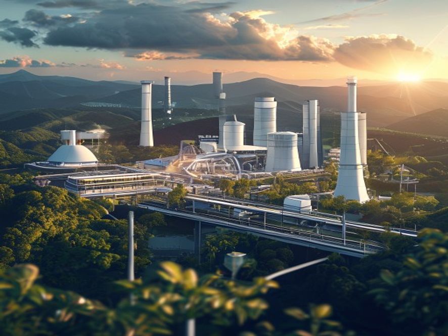 A cinematic, photorealistic 8k image featuring a futuristic semiconductor manufacturing complex integrated with a clean, modern nuclear power plant in a lush Honam landscape, symbolizing the synergy between hightech industry and stable energy infrastructure, with dramatic lighting highlighting the strategic vision for national growth.