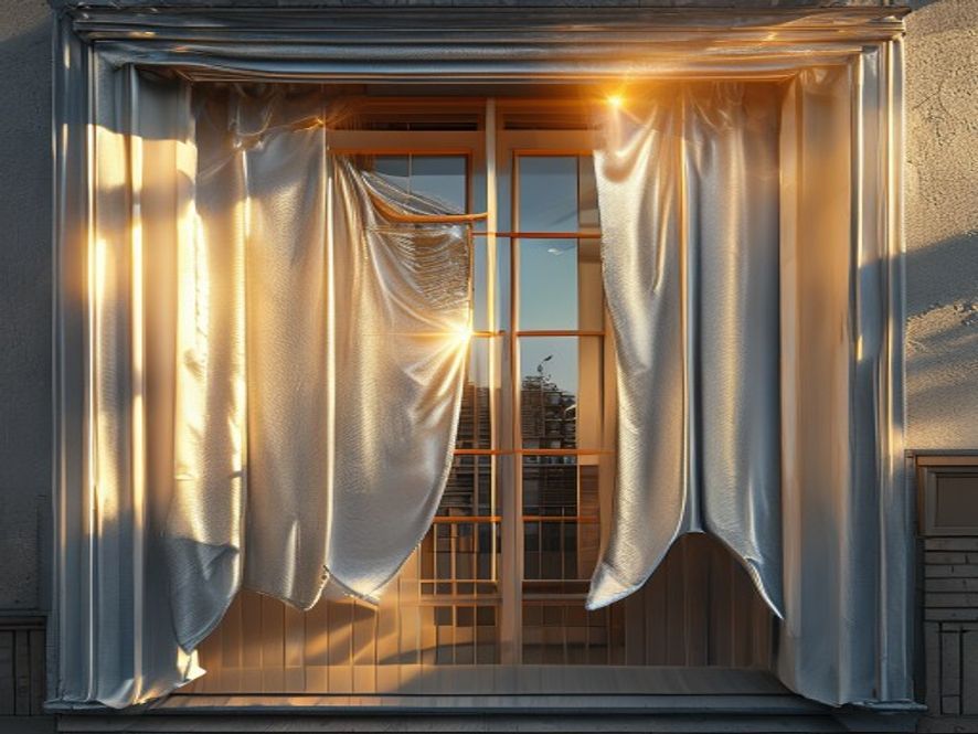 Cinematic, photorealistic 8k image of an old European apartment window draped with a reflective, metallic silver thermal insulation sheet during a scorching 41degree summer heatwave, with intense golden sunlight shimmering on the material to block out the heat, capturing a blend of historic architecture and modern climate survival, highly detailed, dramatic lighting.