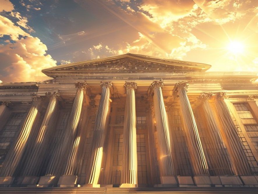 A cinematic and photorealistic 8k image of the iconic United States Supreme Court building exterior under a dramatic, sunlit sky, symbolizing the enduring power of the Constitution and legal justice, with a subtle golden glow reflecting off the marble pillars to represent stability and human rights.